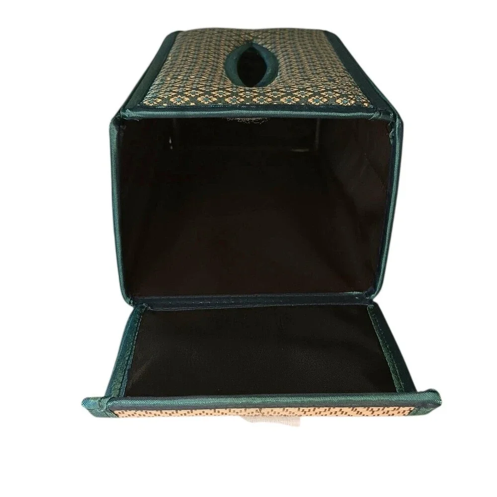 Handmade Woven Reed Tissue Box Holder Blue Green Brown Gold Rectangle Bohemian